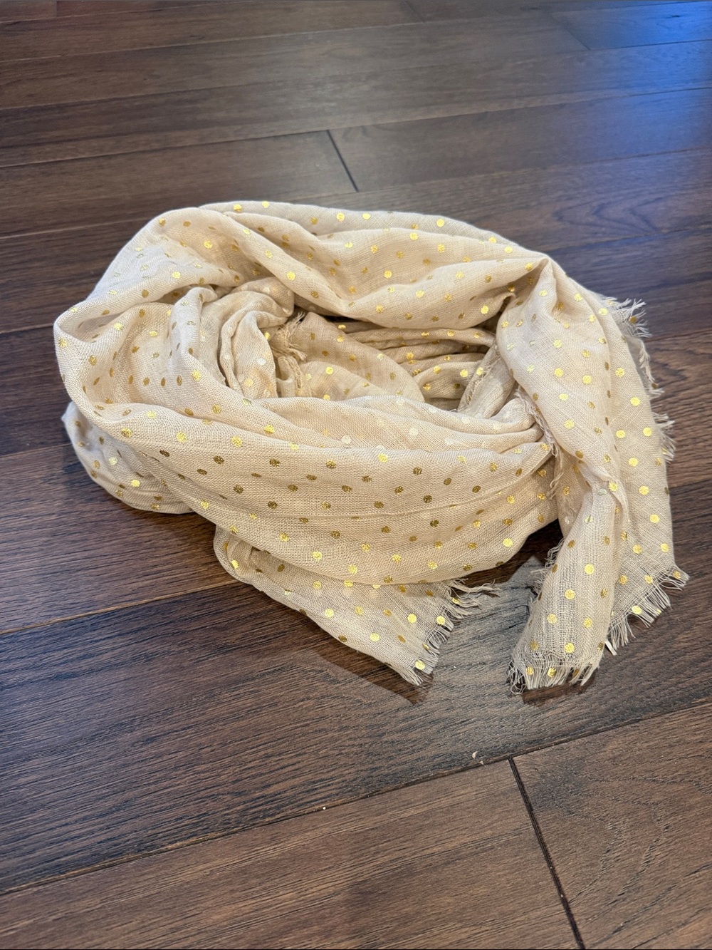 Tan Scarf with Gold Polka Dots